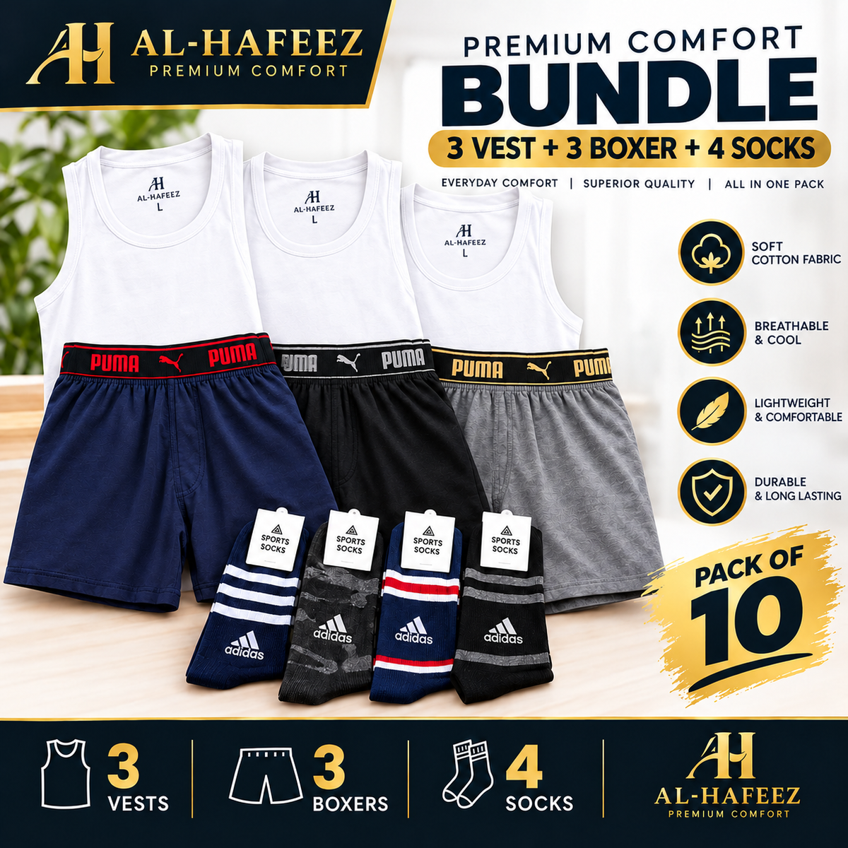 AL-Hafeez Premium Comfort | Pack of 10 Bundle (3 Vest + 3Boxer + 4 Socks)