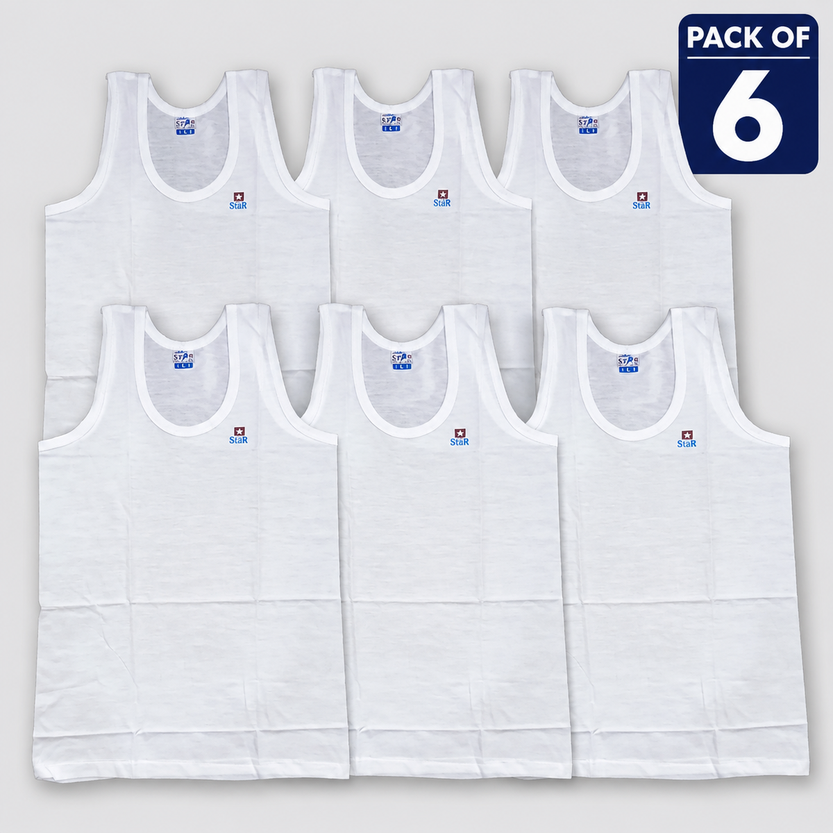 Men's Vest – Pack of 6 | Pure Cotton Sando (White) | Sizes 36–44