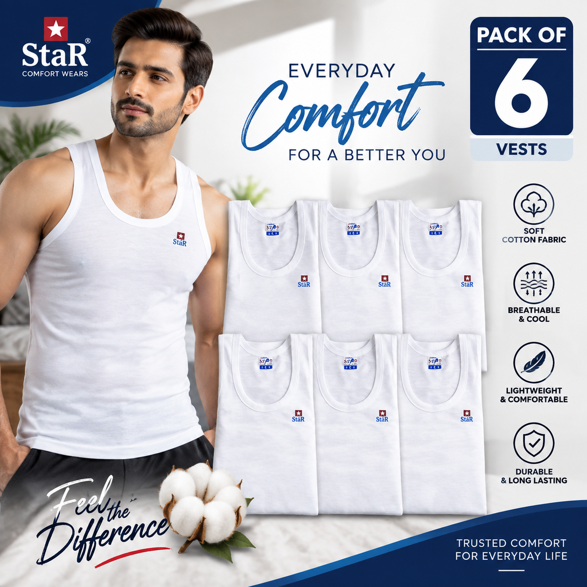 Men's Vest – Pack of 6 | Pure Cotton Sando (White) | Sizes 36–44