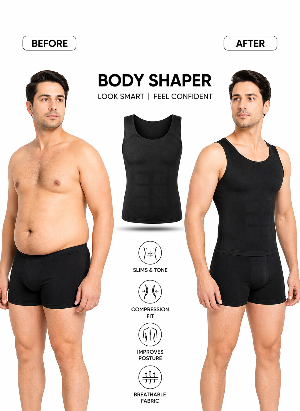 Men’s And Women's Slimming Compression Body Shaper Vest – Tummy Control & Chest Slim Fit Tank (Black) (White)